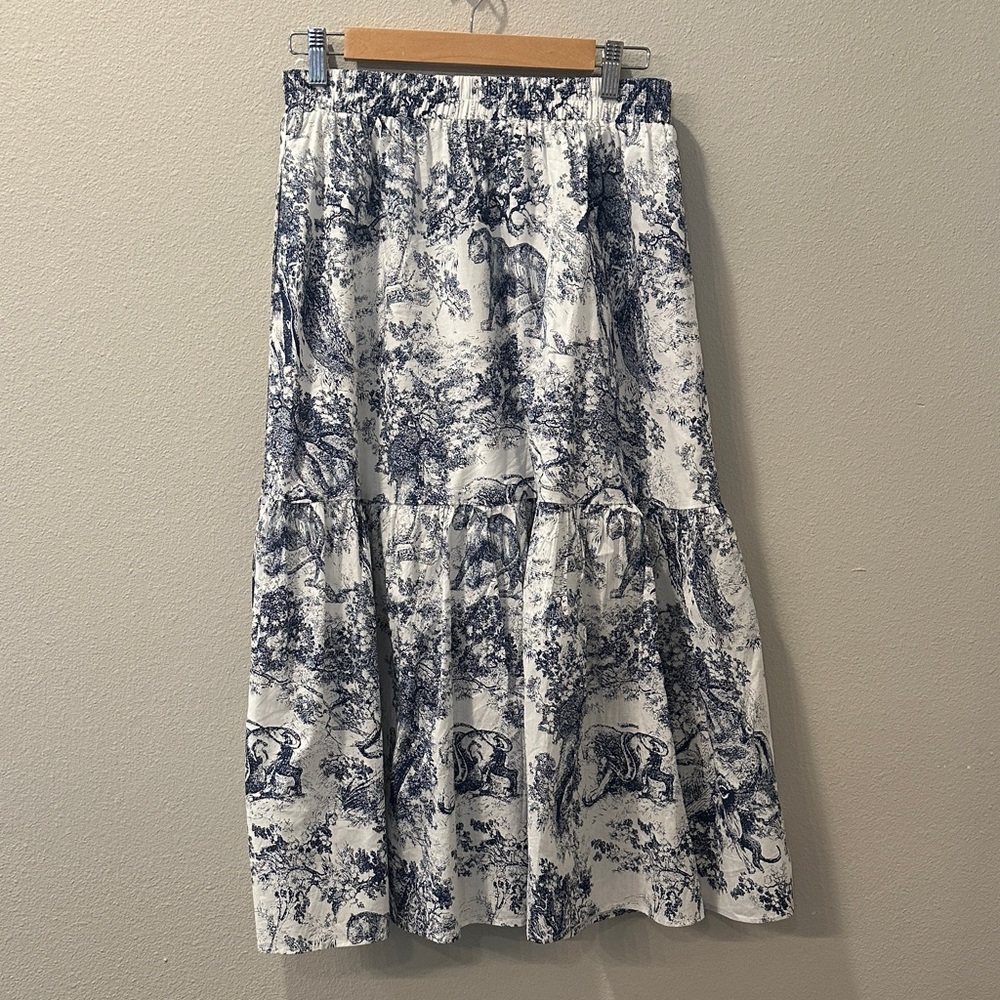 Commense Blue and White A-Line Midi Skirt